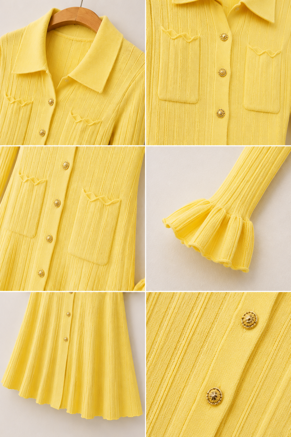 Gelbes Rippstrick-Hemdblusenkleid