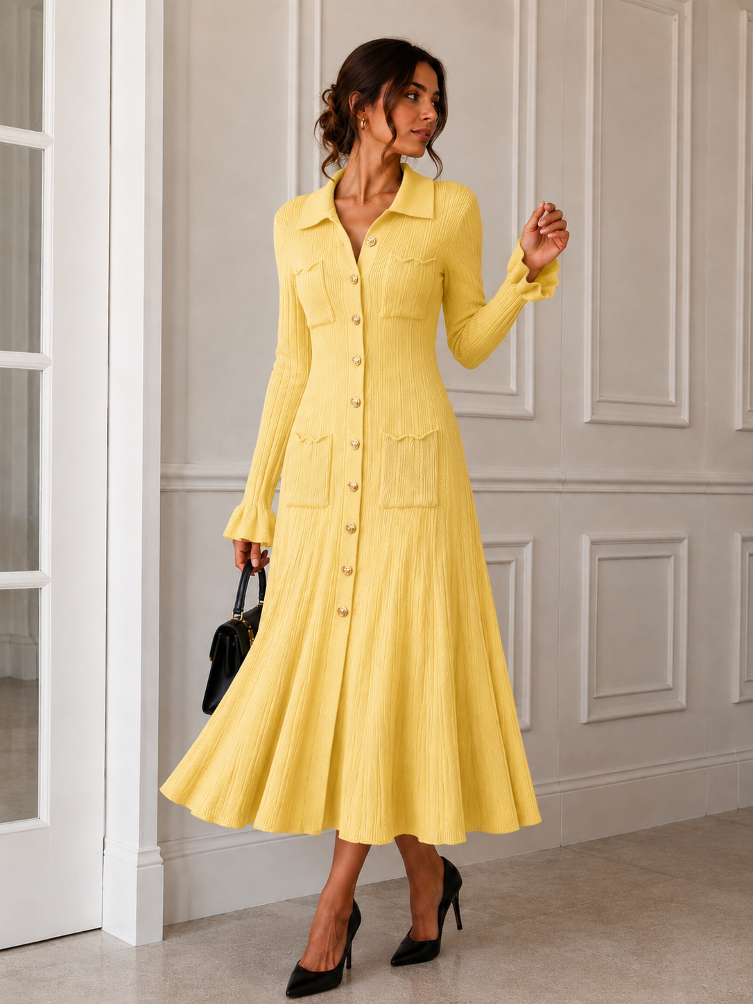 Gelbes Rippstrick-Hemdblusenkleid