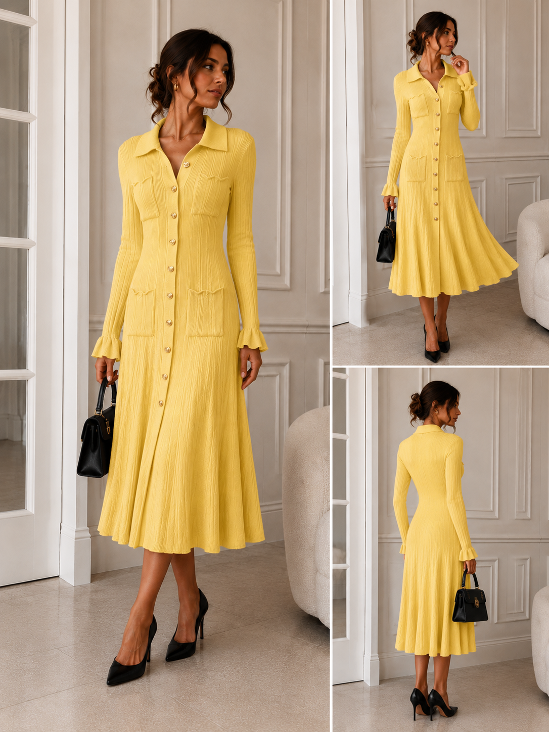 Yellow Ribbed Knit Shirt Dress