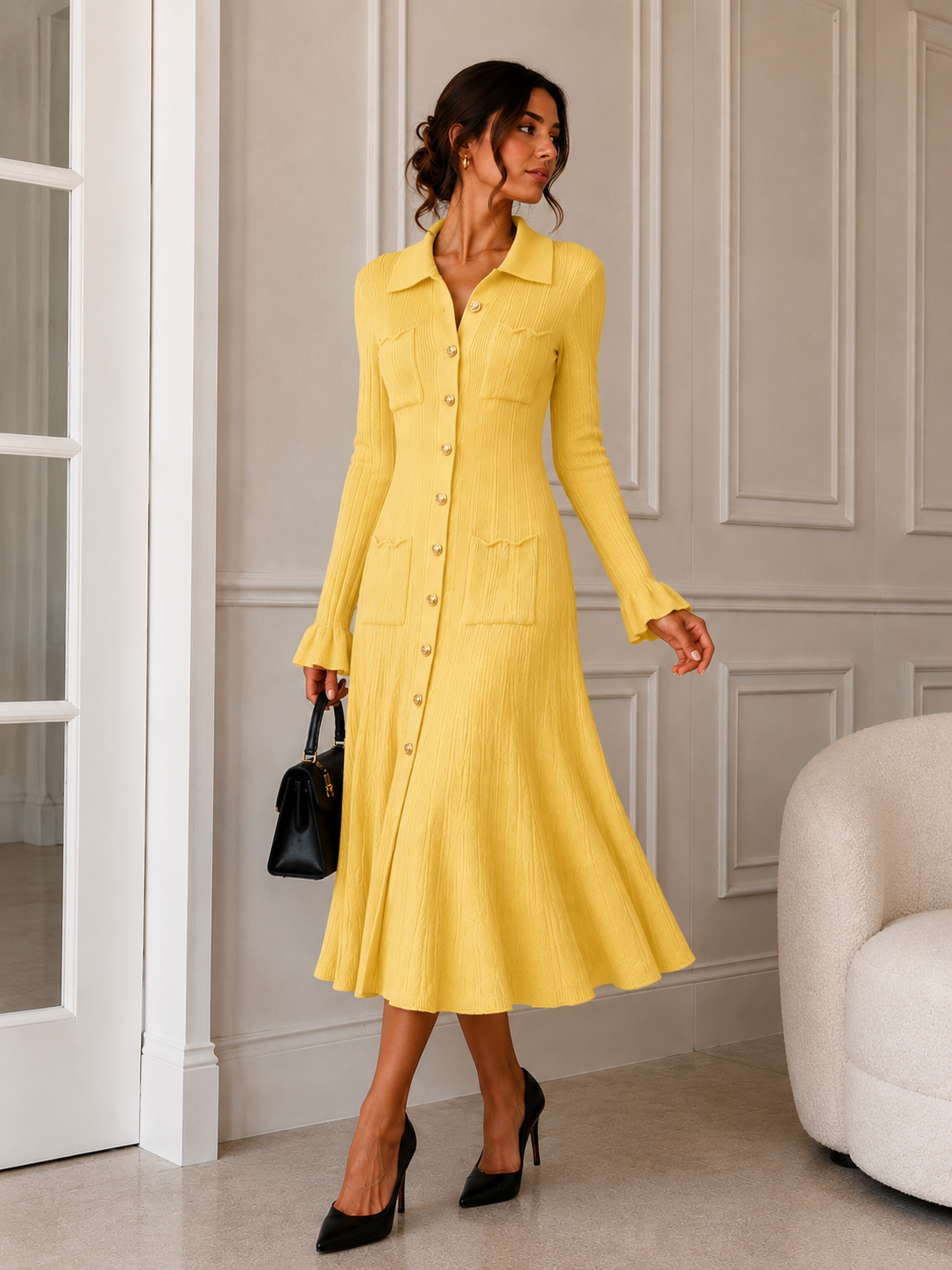 Gelbes Rippstrick-Hemdblusenkleid