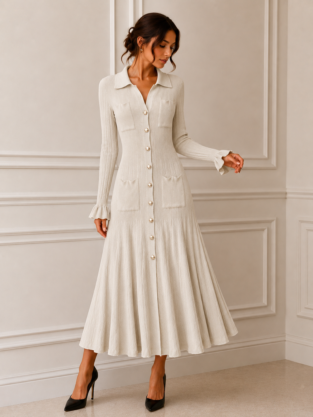 Beige Ribbed Knit Shirt Dress
