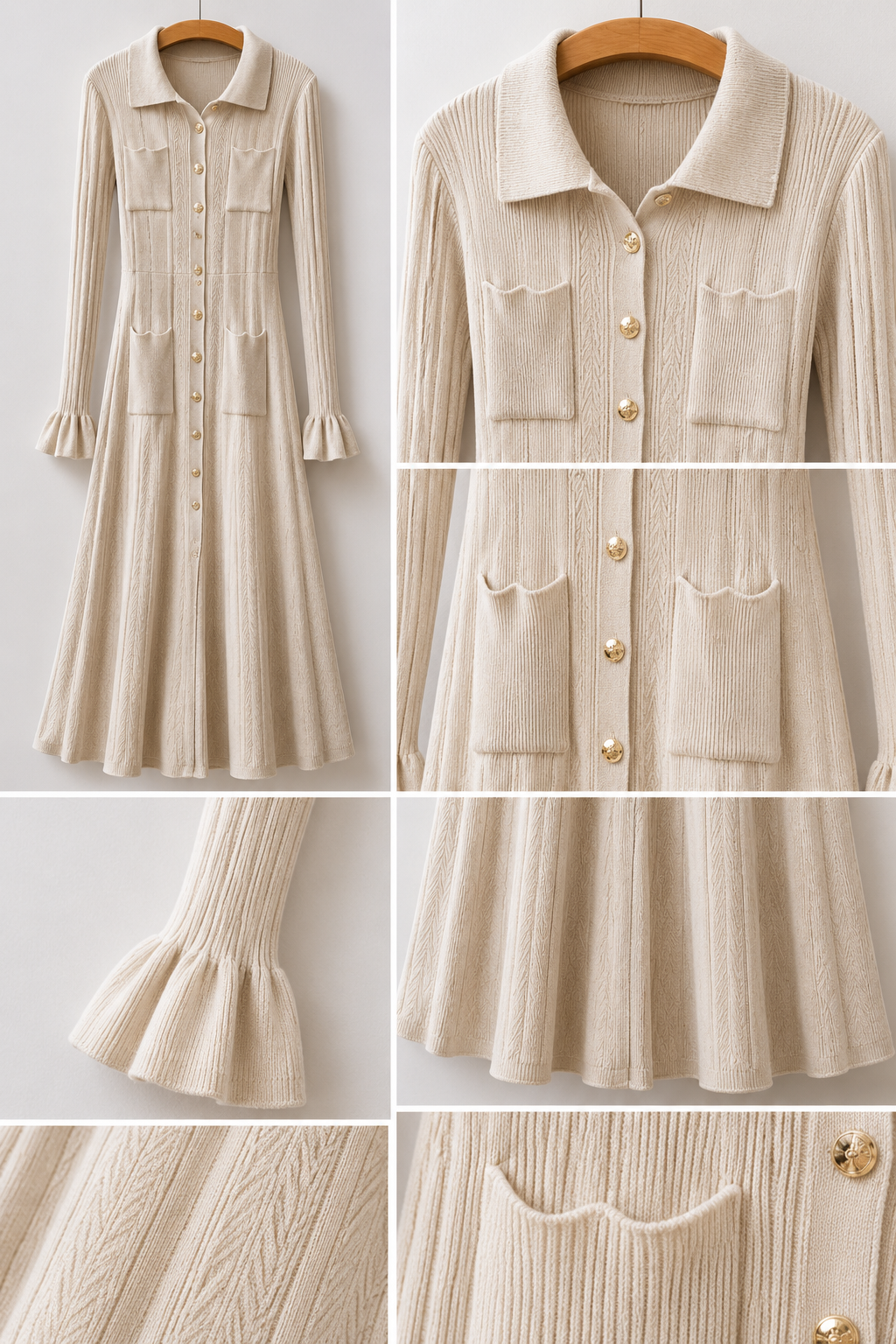 Beige Ribbed Knit Shirt Dress