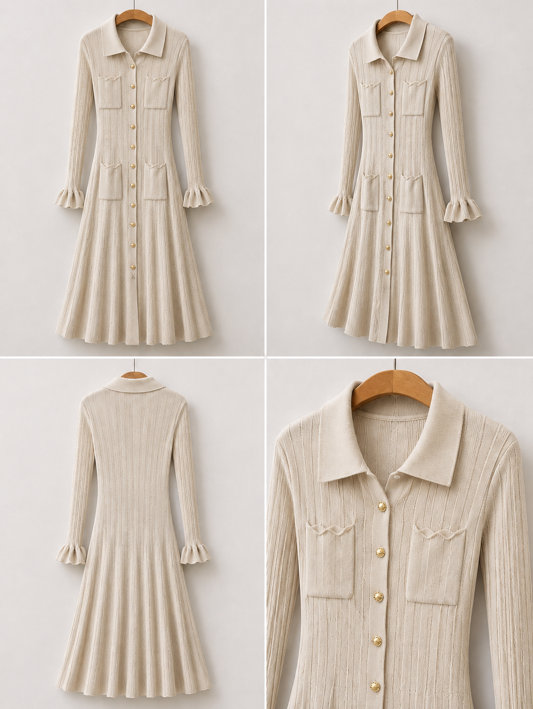 Beiges geripptes Strickhemdkleid