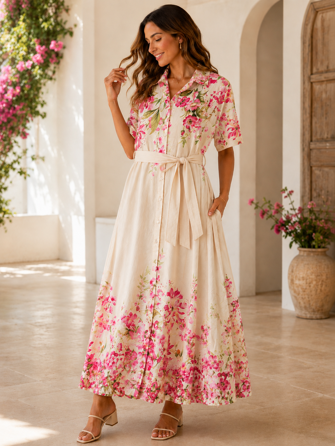 Robe-chemise midi boutonnée fleurie pour femme – Ivoire et rose