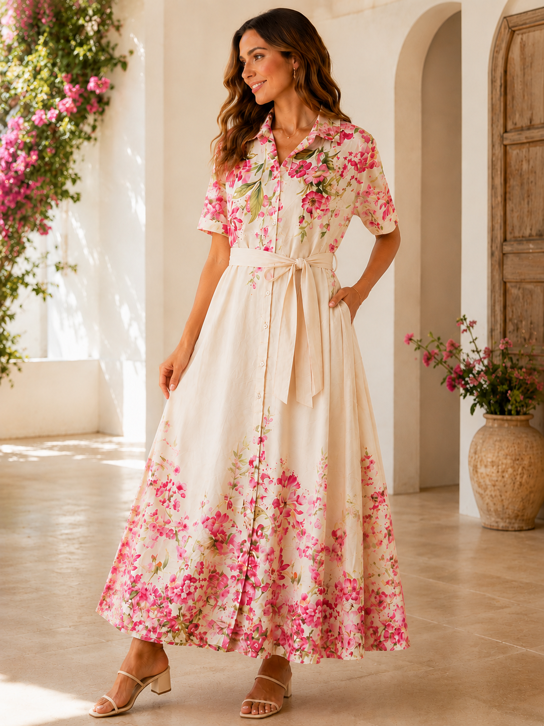 Damen Midikleid mit Blumenmuster und Knopfleiste – Elfenbein & Pink