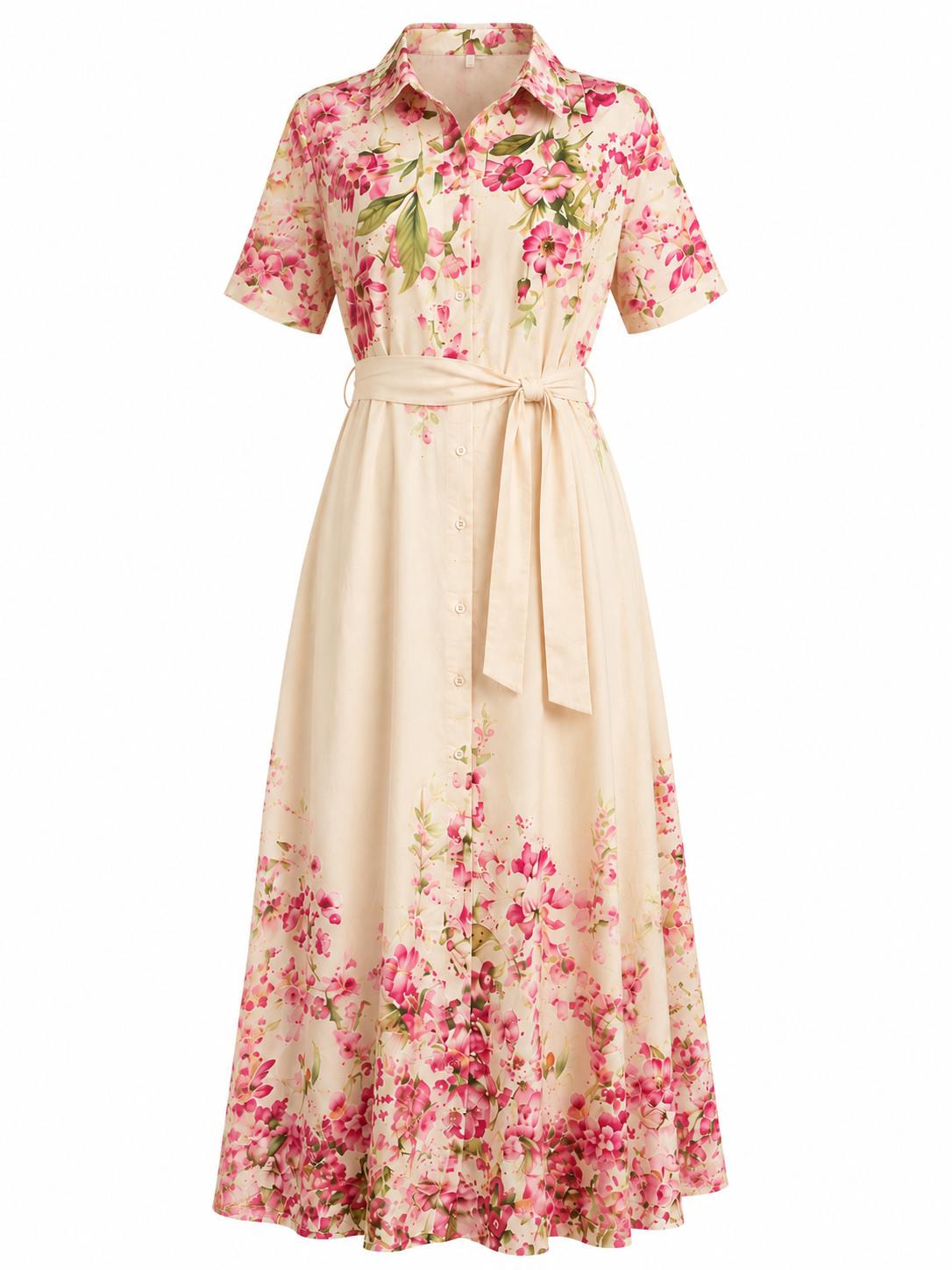 Damen Midikleid mit Blumenmuster und Knopfleiste – Elfenbein & Pink