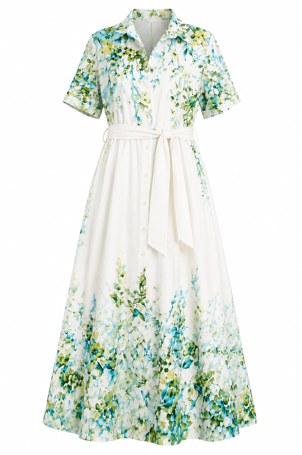 Robe chemise mi-longue boutonnée fleurie pour femme – Blanc et vert