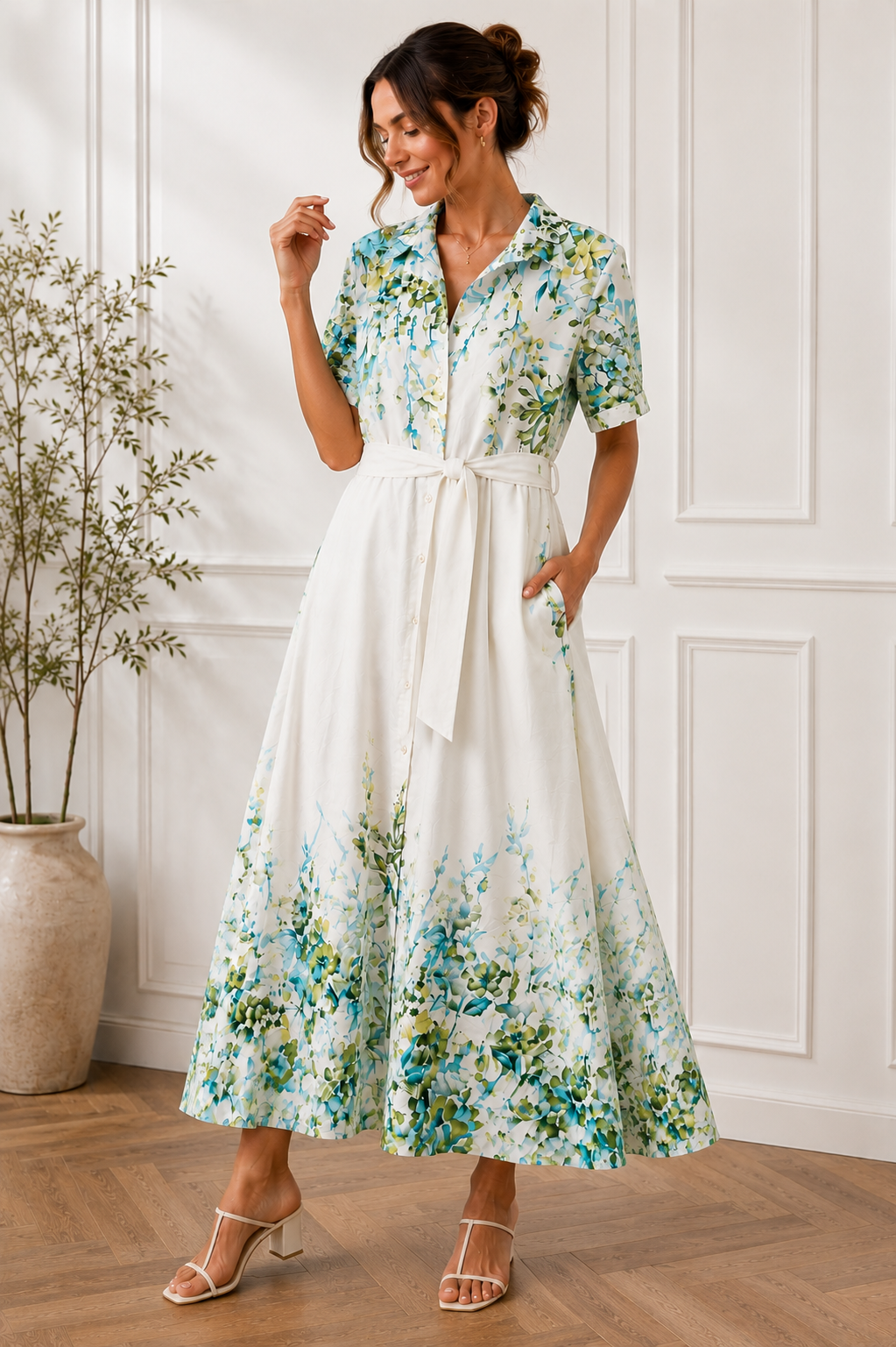 Robe chemise mi-longue boutonnée fleurie pour femme – Blanc et vert