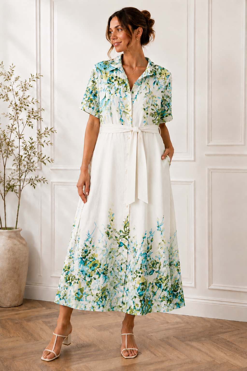 Women's Floral Button-Down Midi Shirt Dress – White & Green