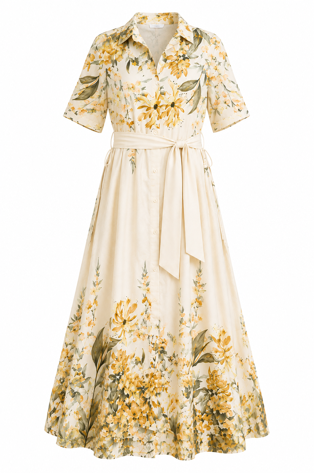 Florales Midi-Hemdblusenkleid für Damen – Elfenbein & Gelb