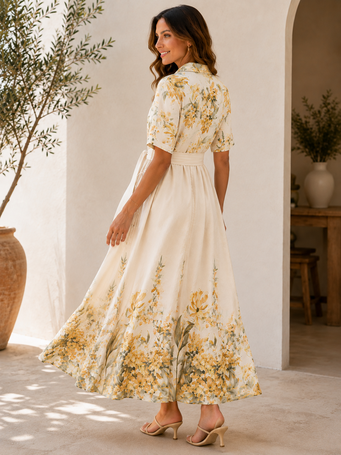 Florales Midi-Hemdblusenkleid für Damen – Elfenbein & Gelb