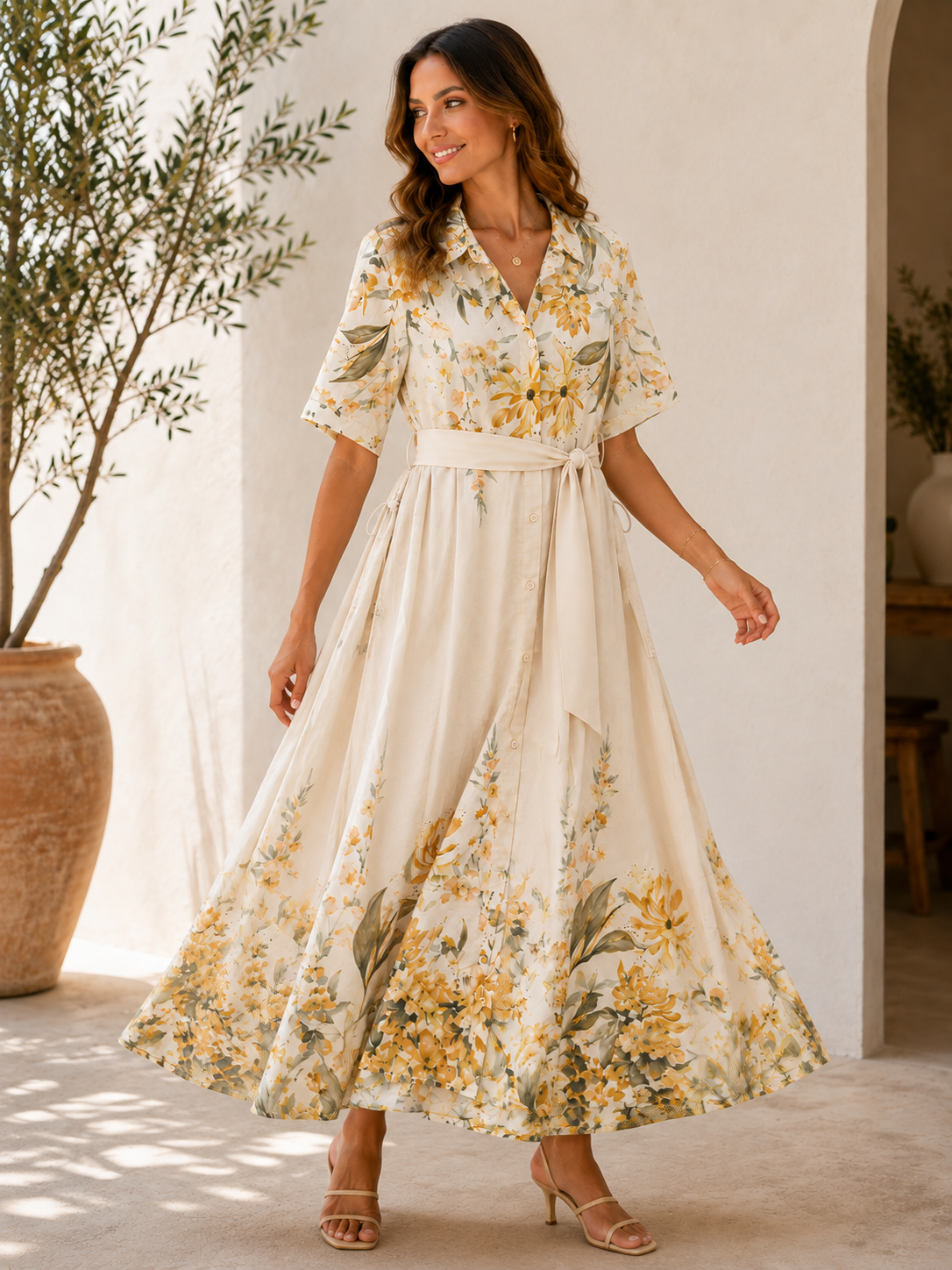 Robe chemise mi-longue boutonnée fleurie pour femme – Ivoire et jaune