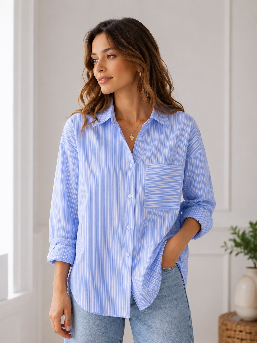 Chemise boutonnée surdimensionnée à rayures bleues