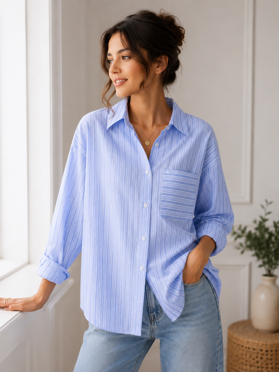 Chemise boutonnée surdimensionnée à rayures bleues