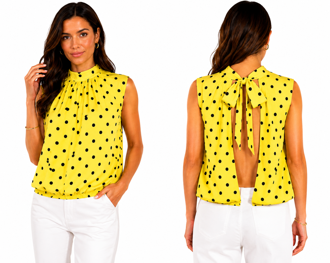 Blouse à nœud papillon à pois jaunes, taille unique