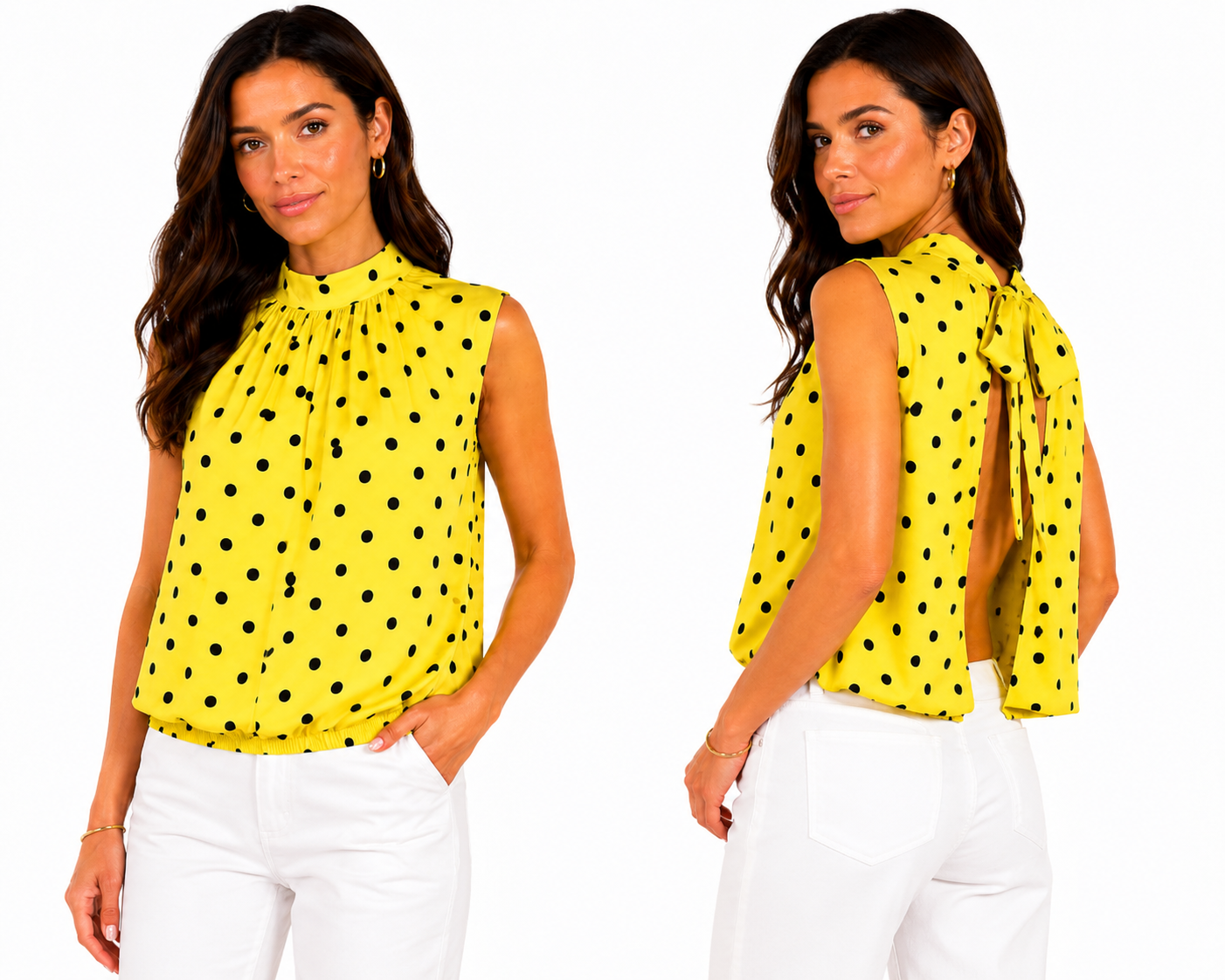 Blouse à nœud papillon à pois jaunes, taille unique