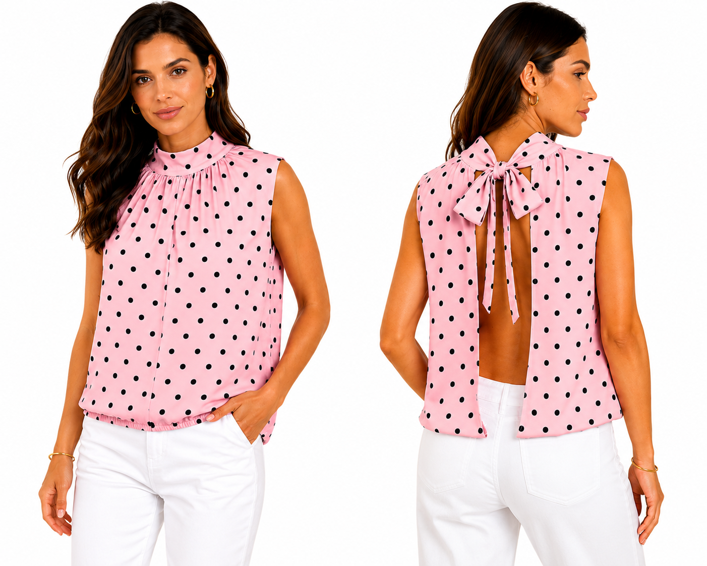 Chemisier rose à pois avec nœud, taille unique