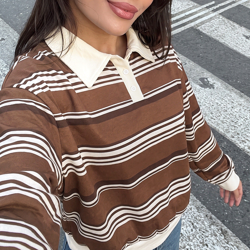 Striped Polo neck loose shirt