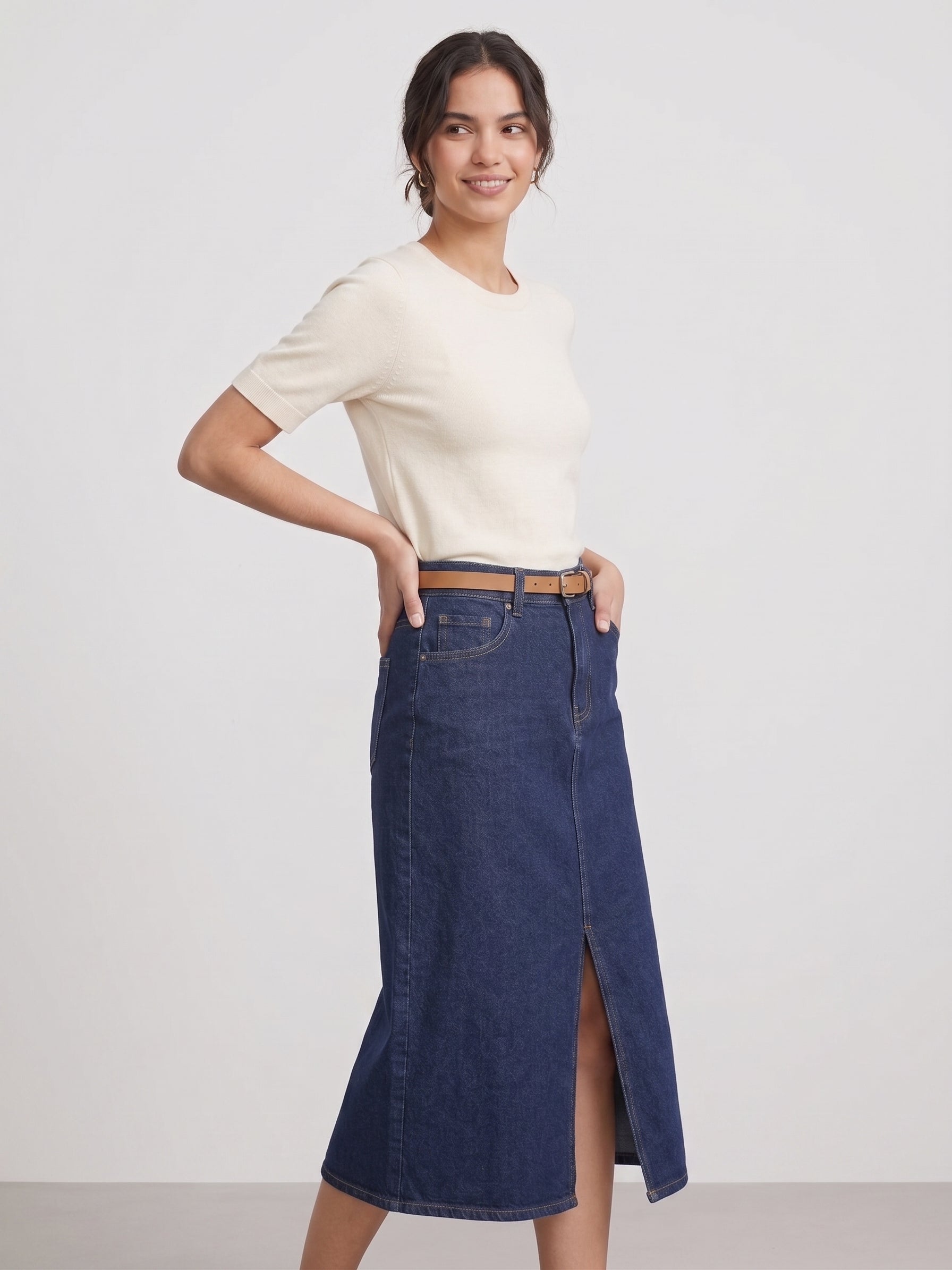 Classic Dark Wash Denim Midi Skirt