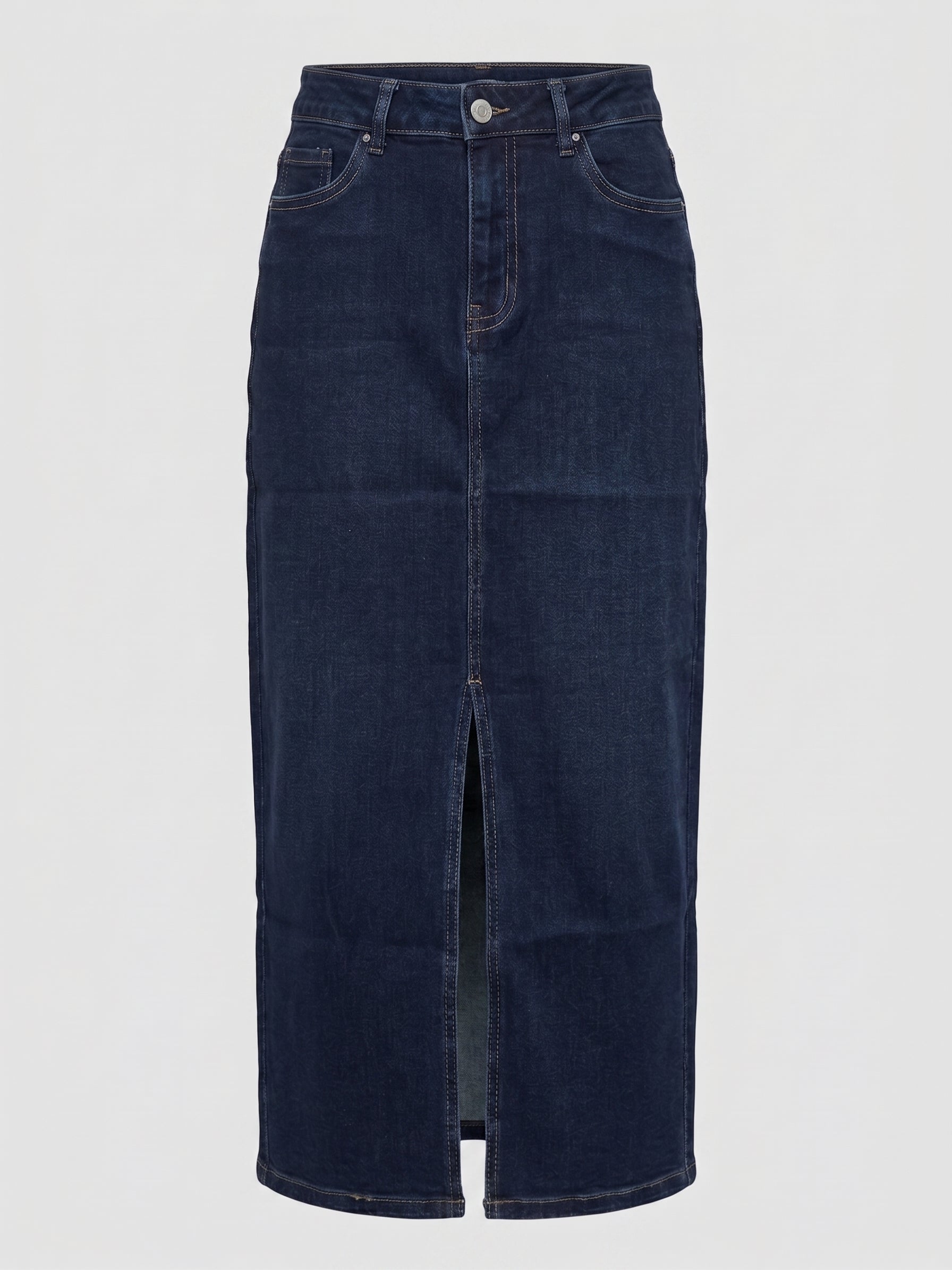 Classic Dark Wash Denim Midi Skirt