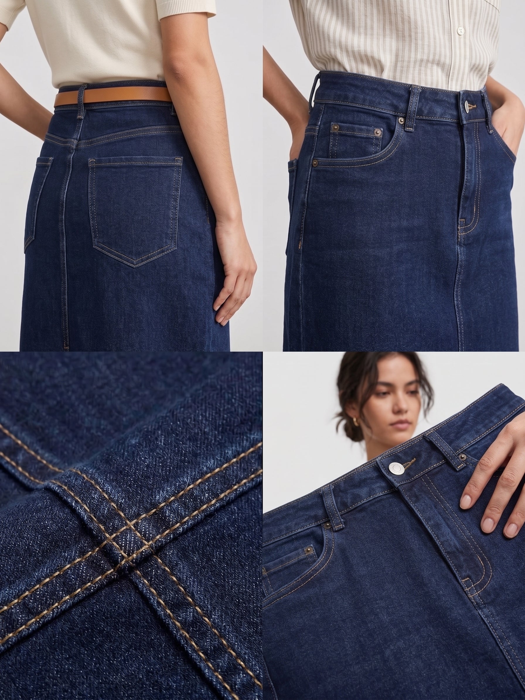 Classic Dark Wash Denim Midi Skirt