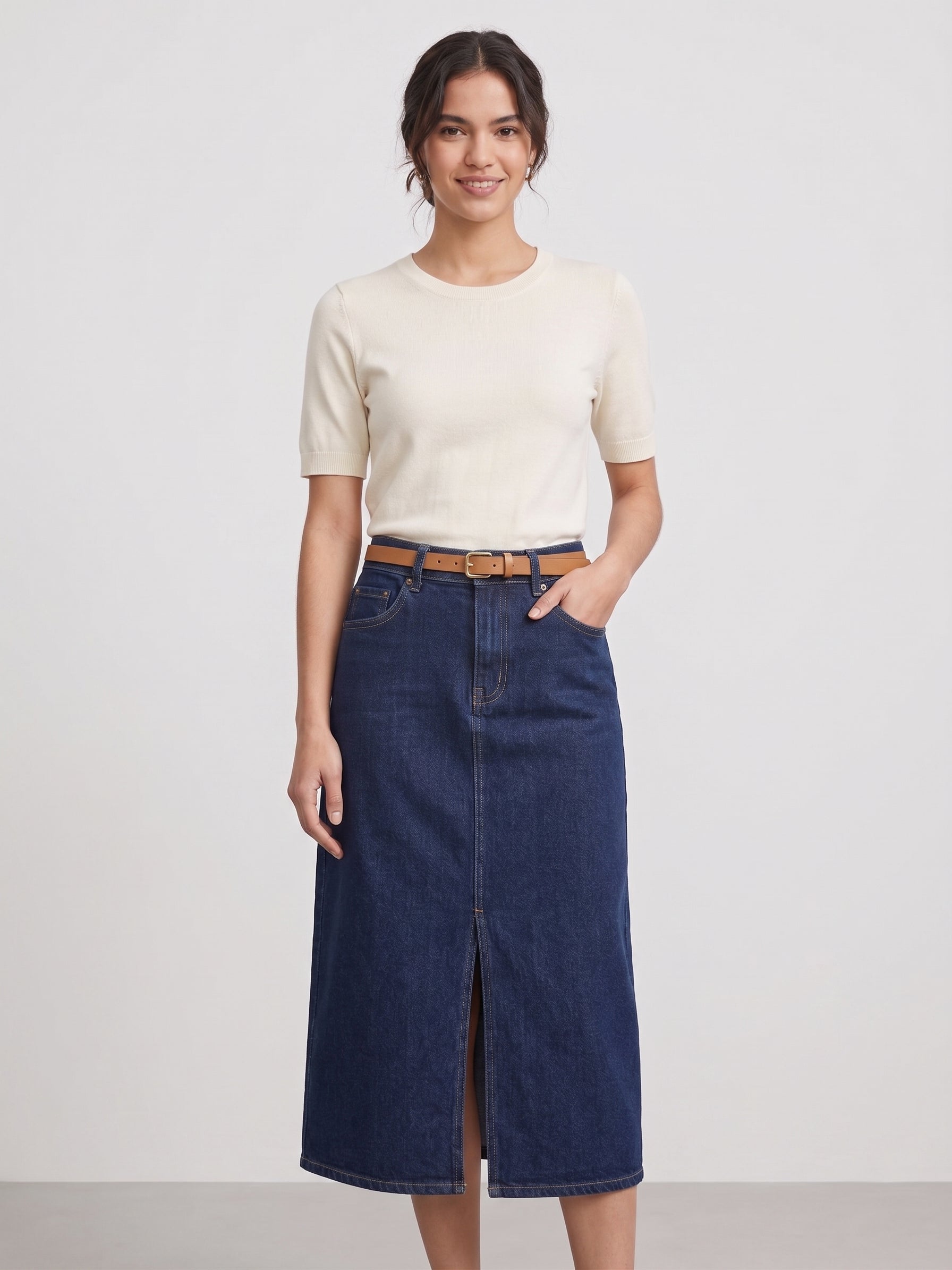 Classic Dark Wash Denim Midi Skirt