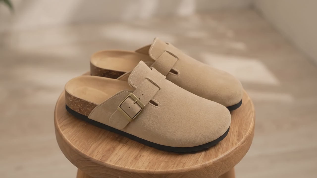 Suede-Look Buckle Clog Mules – Beige