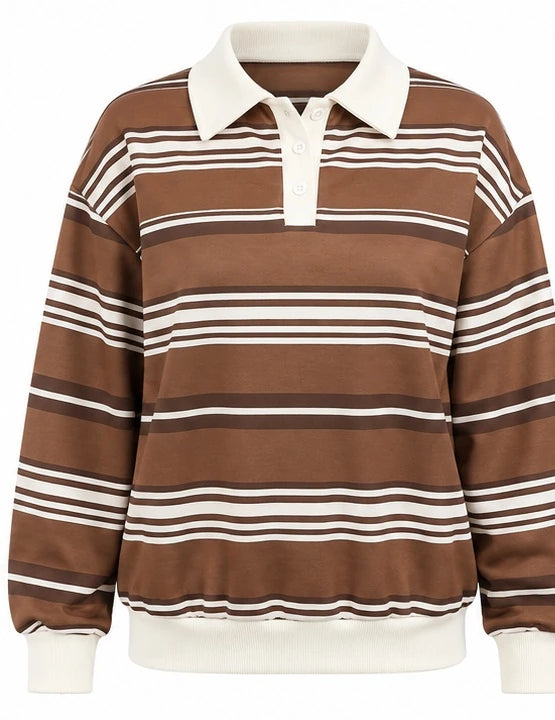 Brown & Cream Striped Polo Sweatshirt