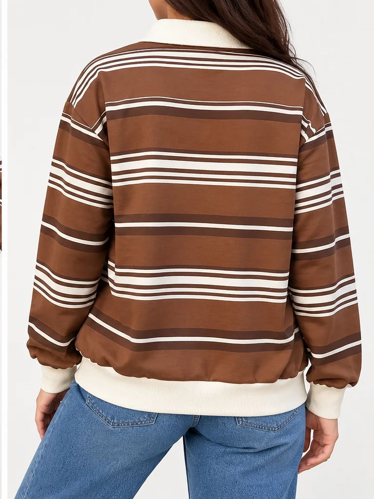 Braunes & Cremefarbenes Gestreiftes Polo-Sweatshirt