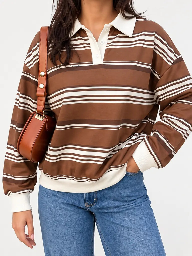 Braunes & Cremefarbenes Gestreiftes Polo-Sweatshirt