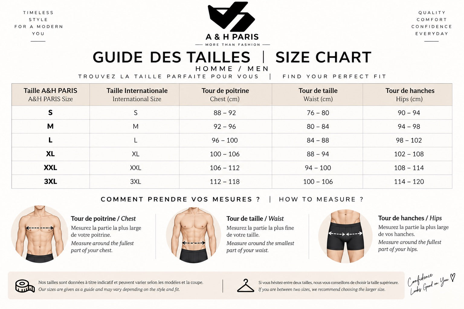 A&H Paris men size chart – chest, waist and hips in cm