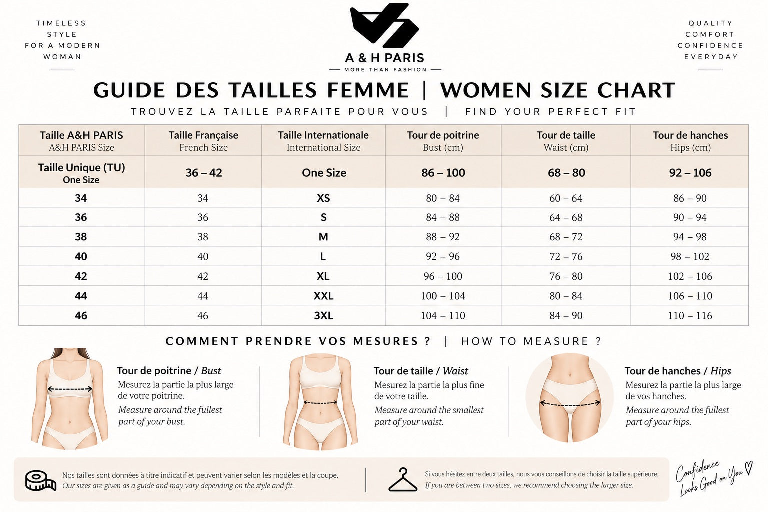A&H Paris women size chart – bust, waist and hips in cm